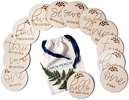 Linen Perch Baby Milestone Cards - Wooden Monthly Milestones Discs - Newborn Photography Prop -Bi... | Amazon (US)