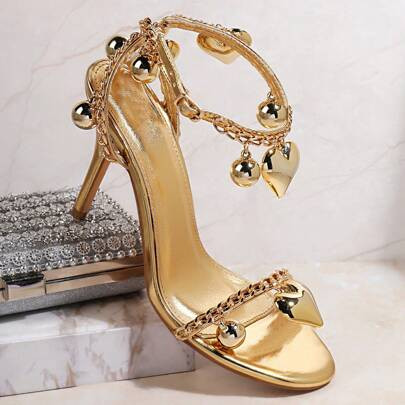 Women Shoes Cross Ankle Strap Heart Decor Open Toe Stiletto Thin High Heeled Sexy Glowing Party PU Gold Metallic Sandals Heels Wedding Shoes | SHEIN