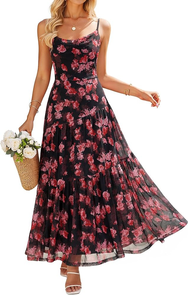 ZESICA Women's Summer Floral Sleeveless Maxi Dress 2026 Boho Mesh Spaghetti Strap Flowy Beach Wed... | Amazon (US)