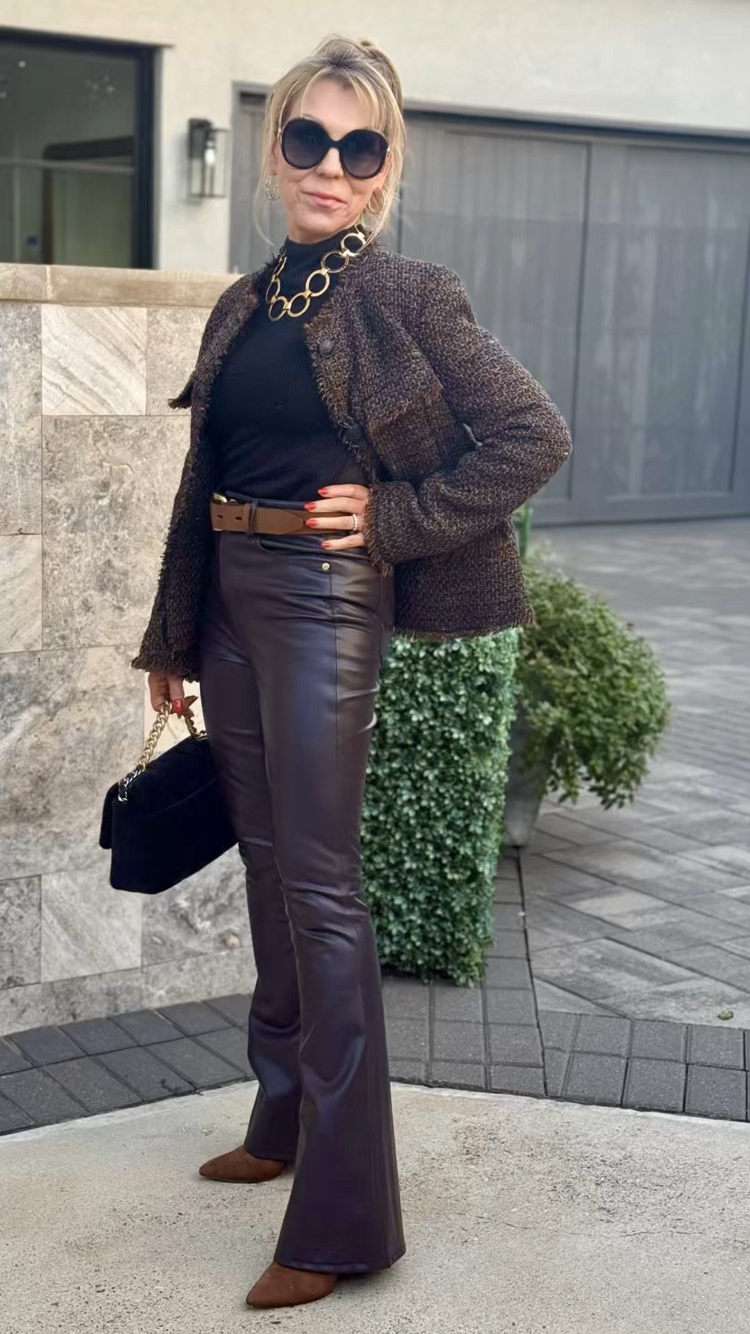 These vegan leather pants are COMFORTABLE! 🤯 
 They do not feel hot and sticky like leather pants used to be! (Anyone remember Ross in Friends? 🤣) 
And you can’t beat this style for making your legs look long. If you’re already tall they’re also great because Veronica Beard pants are always so long so the length will be great for you. If you’re height challenged like me (5’3”) then it’ll take a trip to the tailor  

#LTKOver40 #LTKParties #LTKStyleTip