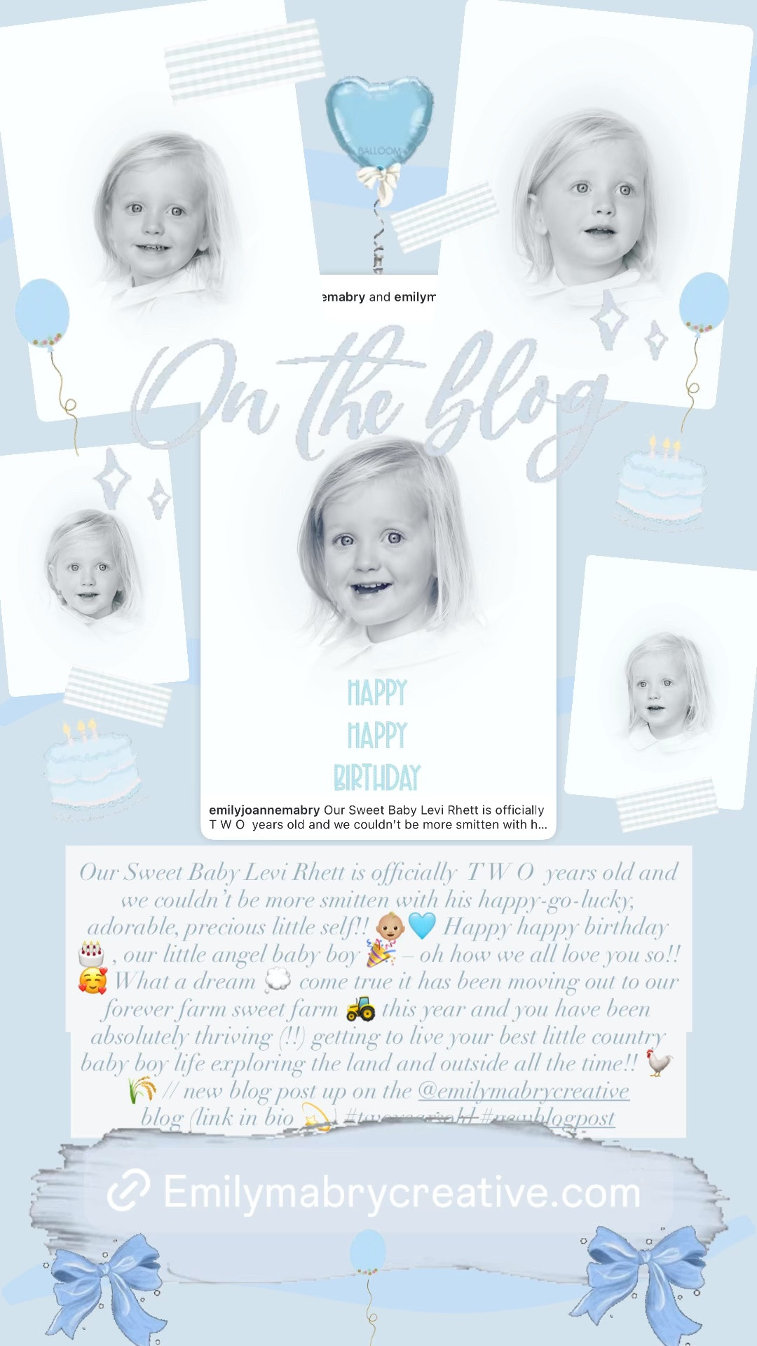 Our Sweet Baby Levi Rhett is officially  T W O  years old and we couldn’t be more smitten with his happy-go-lucky, adorable, precious little self!! 👶🏼🩵 Happy happy birthday 🎂 , our little angel baby boy 🎉 – oh how we all love you so!! 🥰 What a dream 💭 come true it has been moving out to our forever farm sweet farm 🚜 this year and you have been absolutely thriving (!!) getting to live your best little country baby boy life exploring the land and outside all the time!! 🐓🌾 // new blog post up on the @emilymabrycreative blog (link in bio 💫) #twoyearsold #newblogpost
