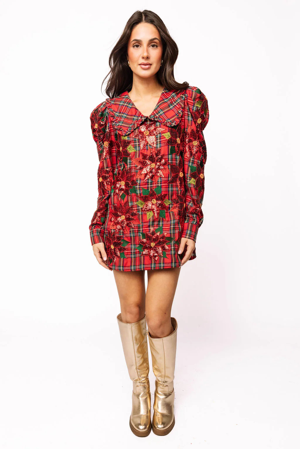 Red Plaid Poinsettia Oversized Collar Poof Sleeve Dress | Queen of Sparkles