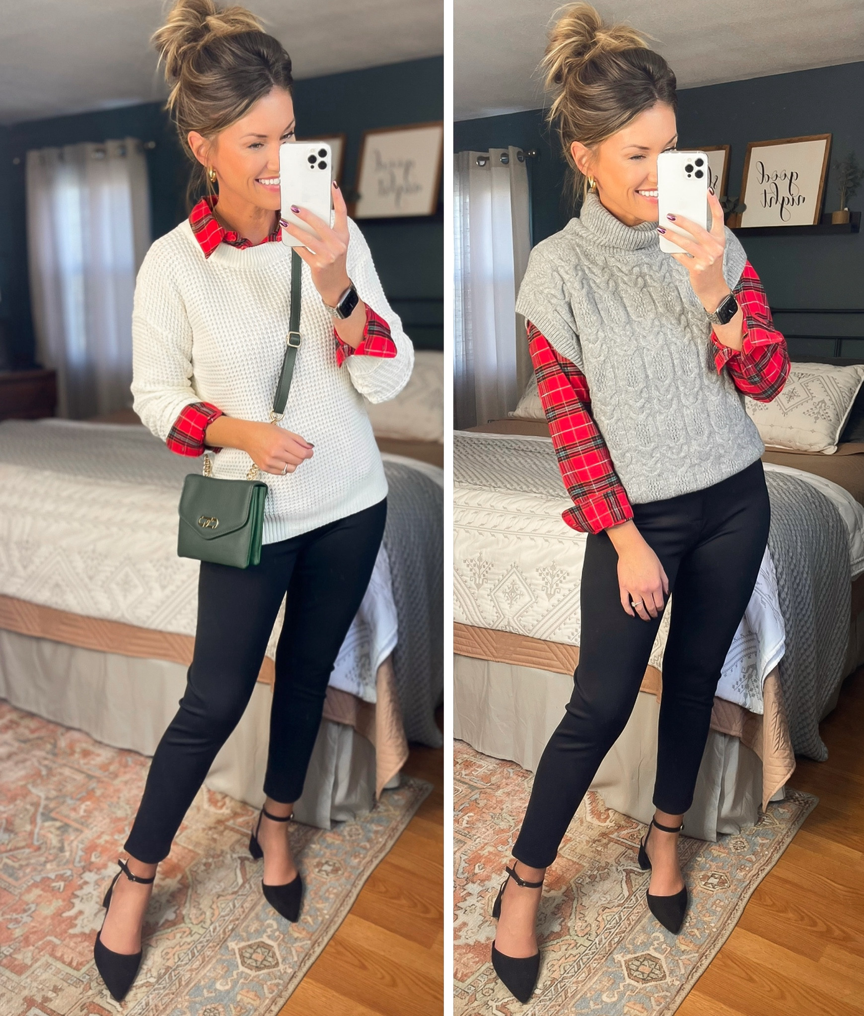 Walmart sweaters 
Wearing small in both. Plaid top, small. Pants tts 

#LTKstyletip #LTKSeasonal #LTKHoliday
