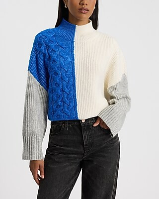 Color Blocked Cable Knit Pieced Mock Neck Relaxed Sweater | Express