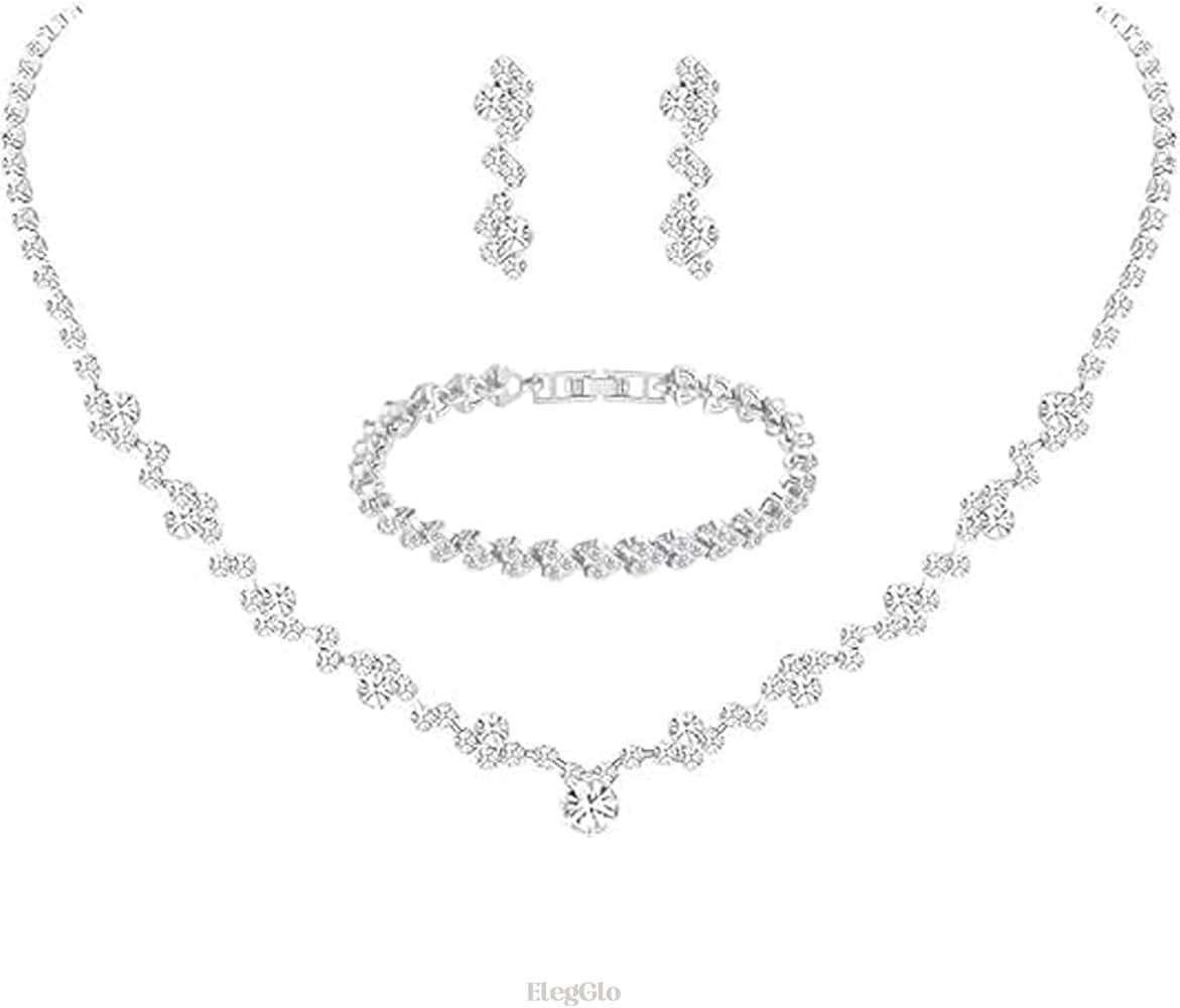 Silver Crystal Bridal Jewelry Set, Teardrop Dangle Earrings Rhinestone Necklace Bracelet for Brid... | Amazon (US)