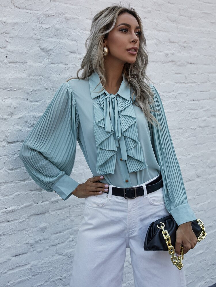 Tie Neck Pleated Ruffle Front Blouse | SHEIN