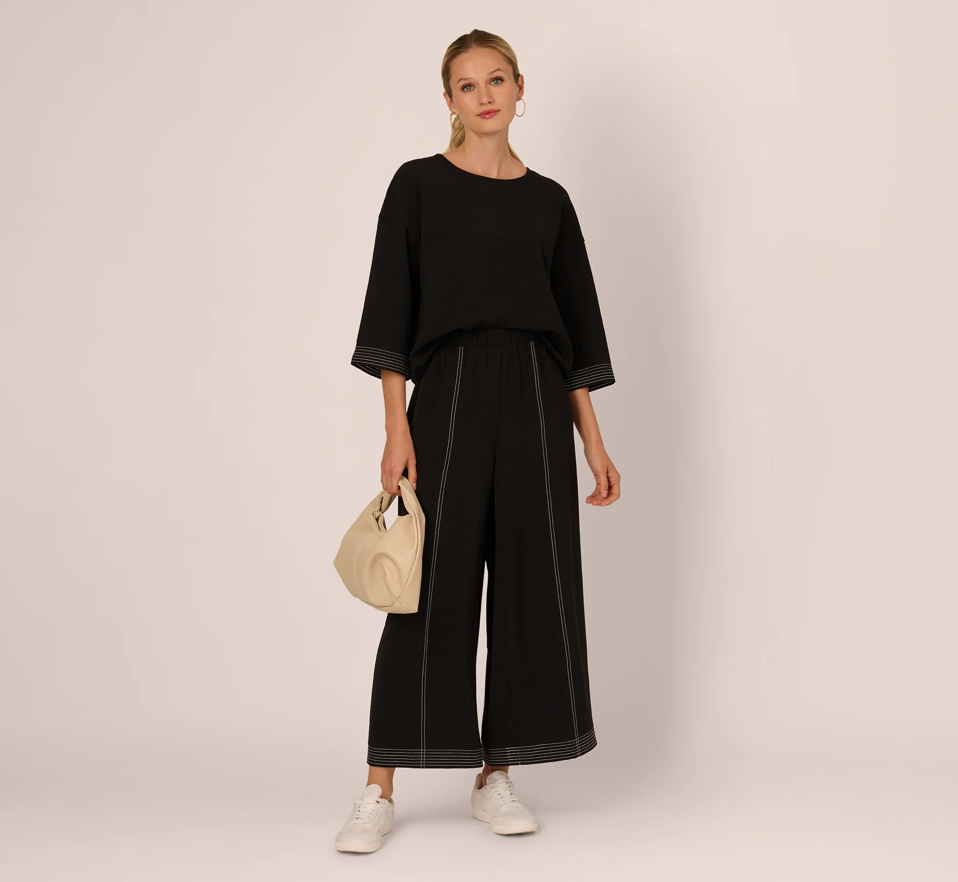 Black Wide Leg Contrast Stitch Pant - Adrianna Papell | Adrianna Papell