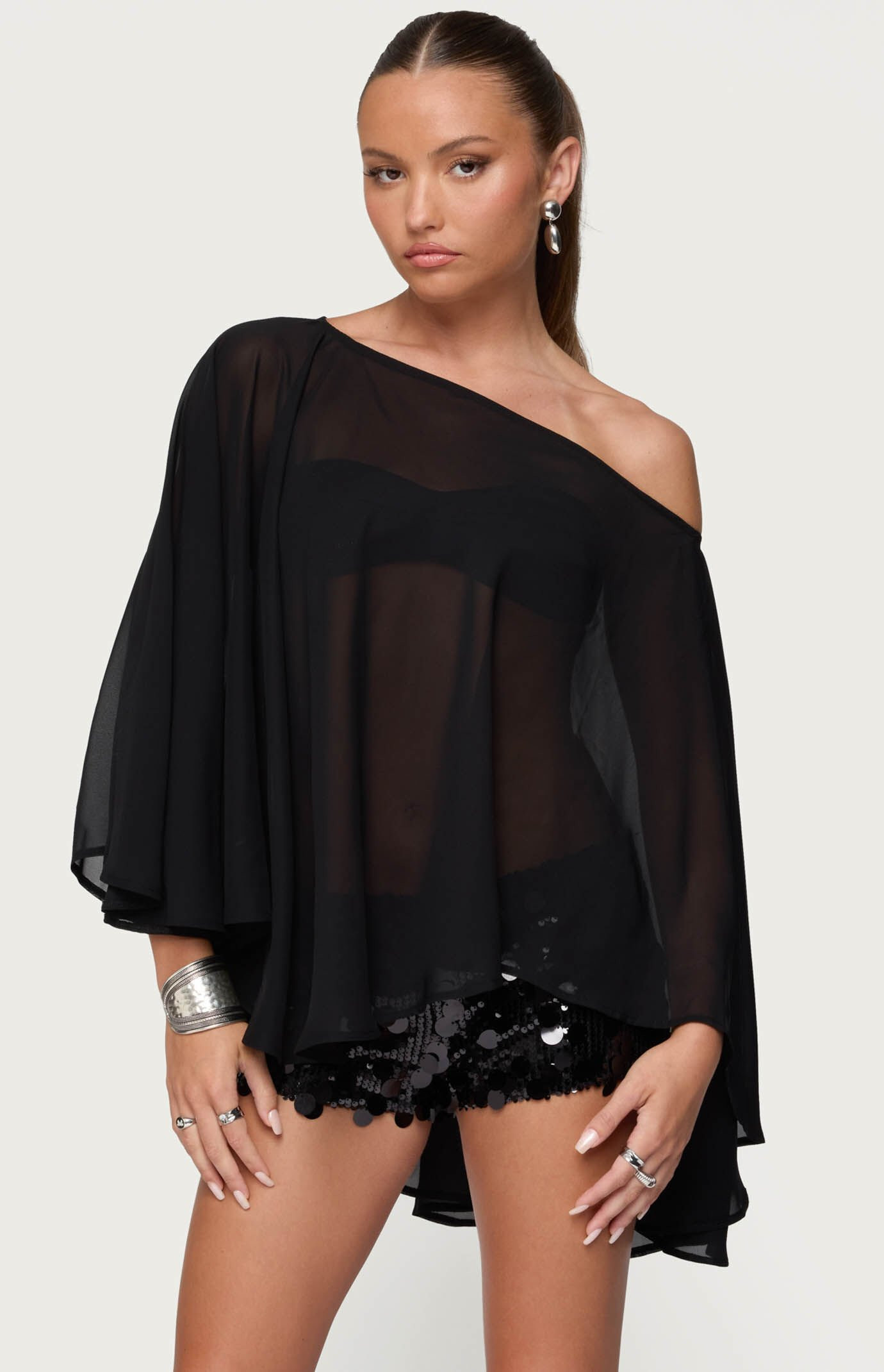 Edikted Women's Sheer Chiffon Asymmetric Poncho in Black - Size Medium | PacSun
