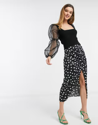 River Island ruched side polka dot midi skirt in mono | ASOS | ASOS (Global)