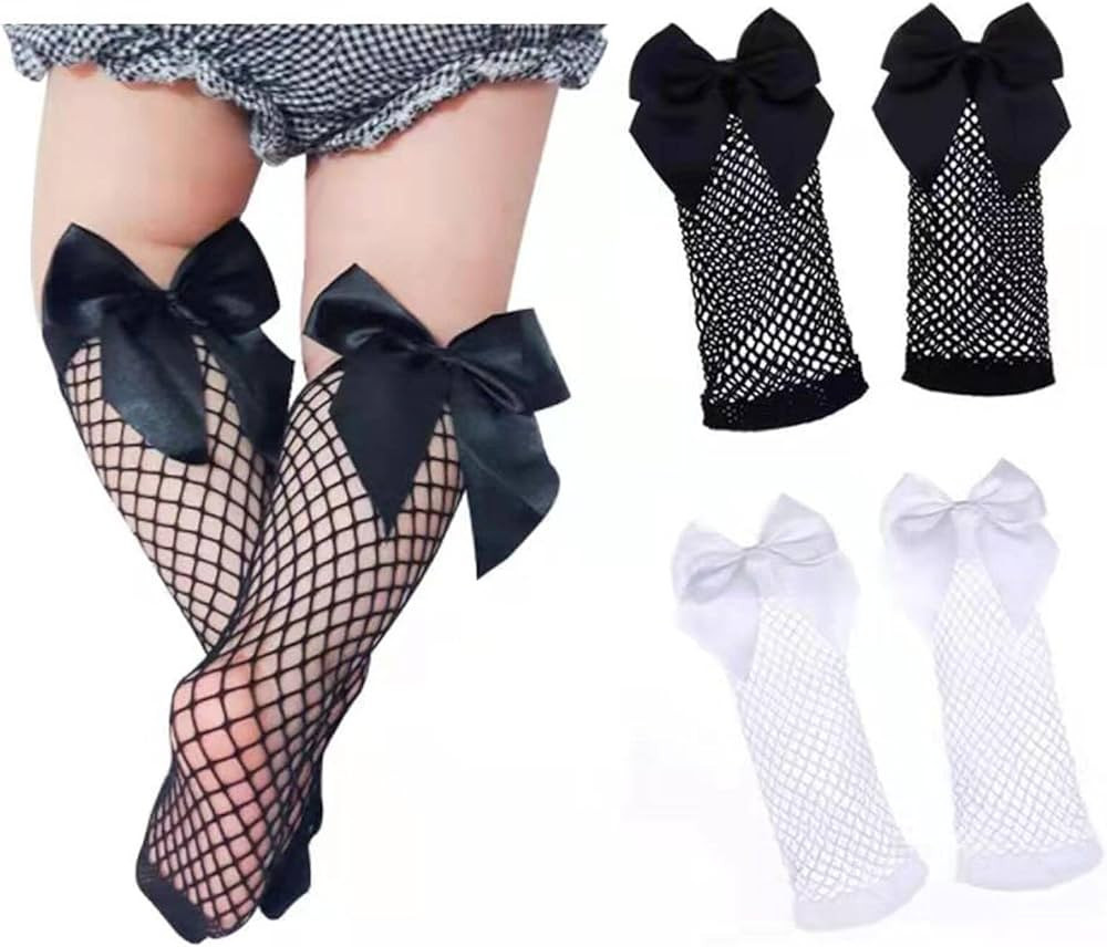 2Pair Little Girls Fishnet Socks, Cute Sweet Mesh Lace Knee High Socks with Bowknot Decor Elastic... | Amazon (US)