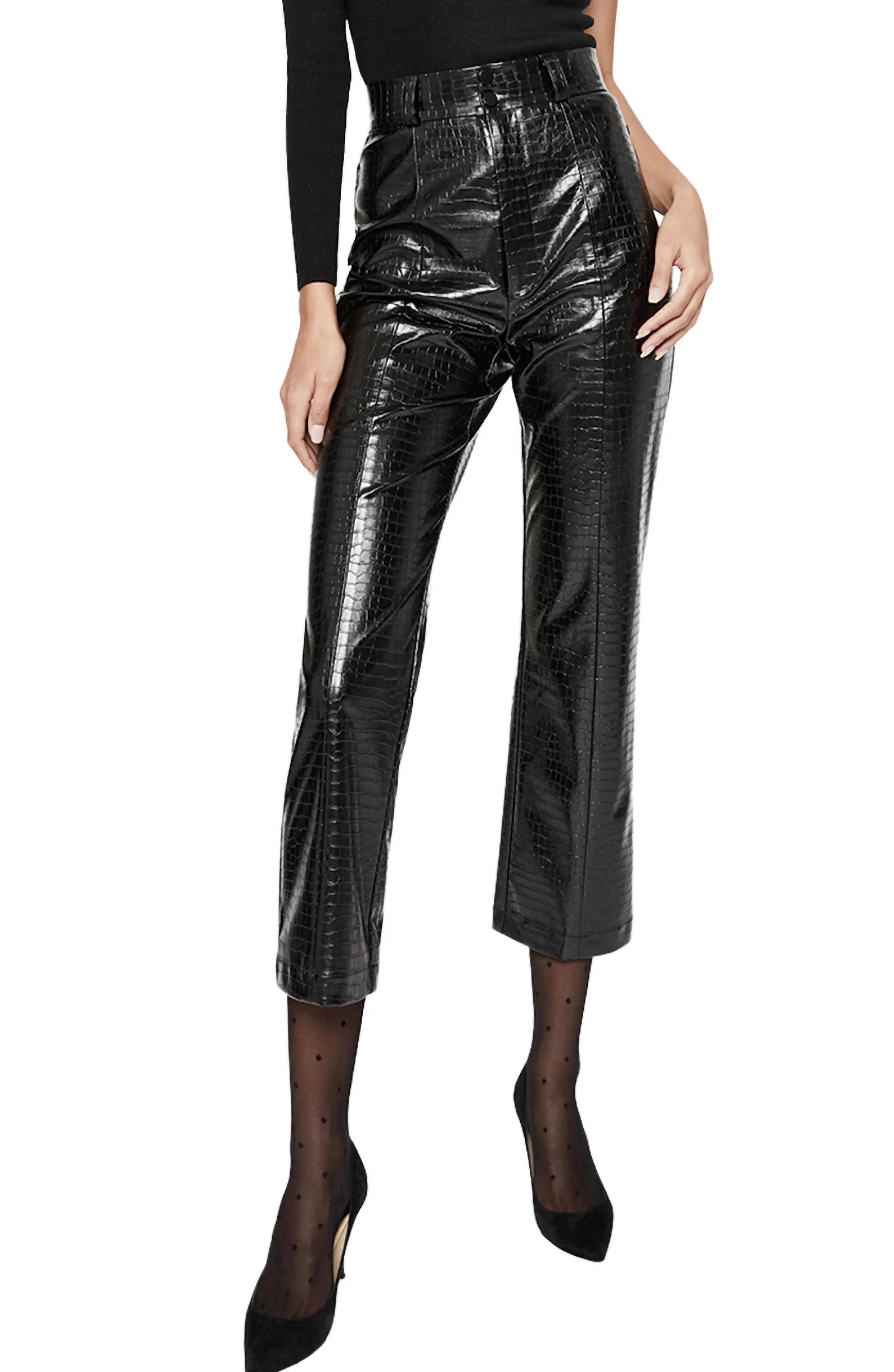 Bardot Croc Embossed Faux Leather Crop Pants, Size 6 in Croc Black at Nordstrom | Nordstrom
