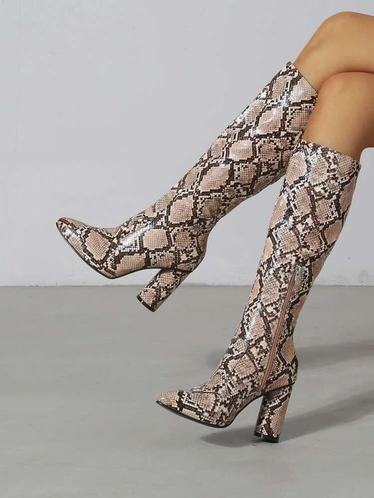 Snakeskin Print Side Zip Chunky Heeled Boots | SHEIN