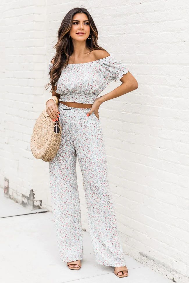 One More Time Ivory Floral Pull On Pants | Pink Lily