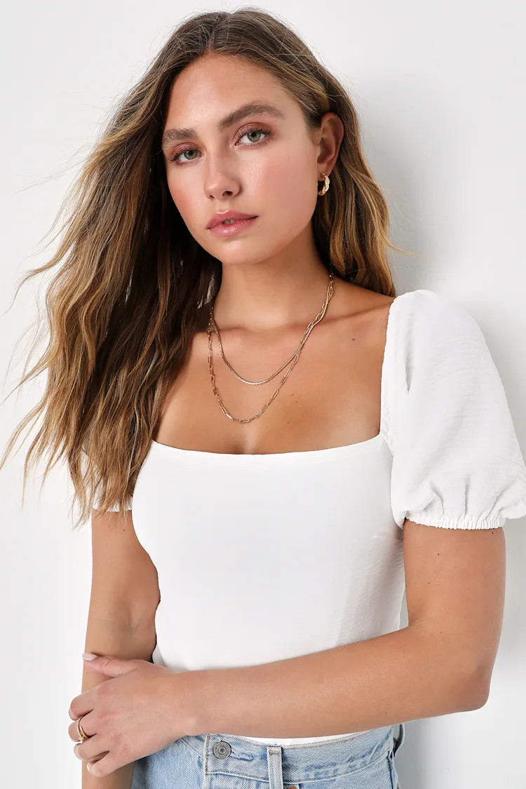 Abundance of Love White Textured Puff Sleeve Tie-Back Bodysuit | Lulus