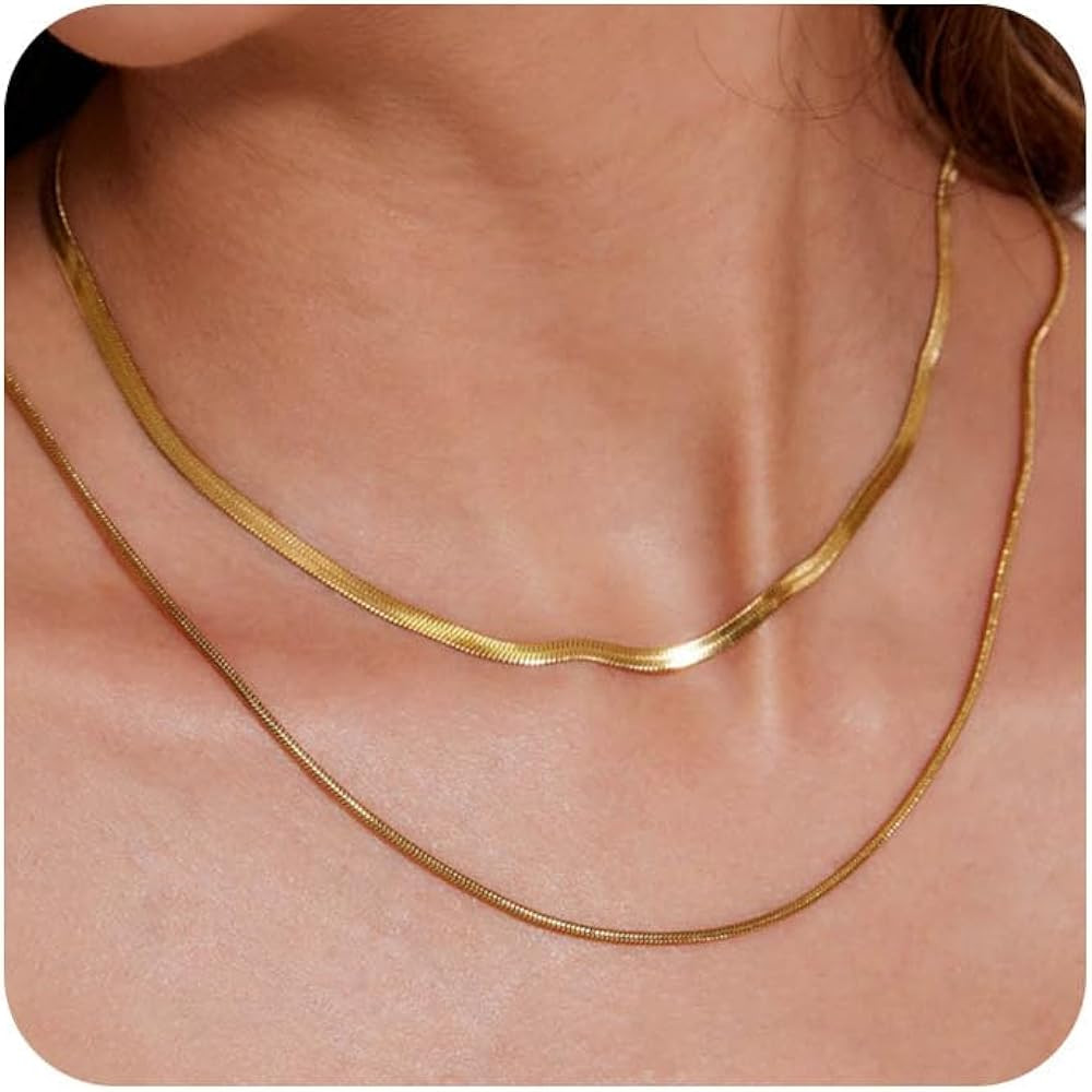 2PCS Herringbone Necklace for Women, Dainty 14K Gold Necklace for Women Snake Chain Necklace Laye... | Amazon (US)