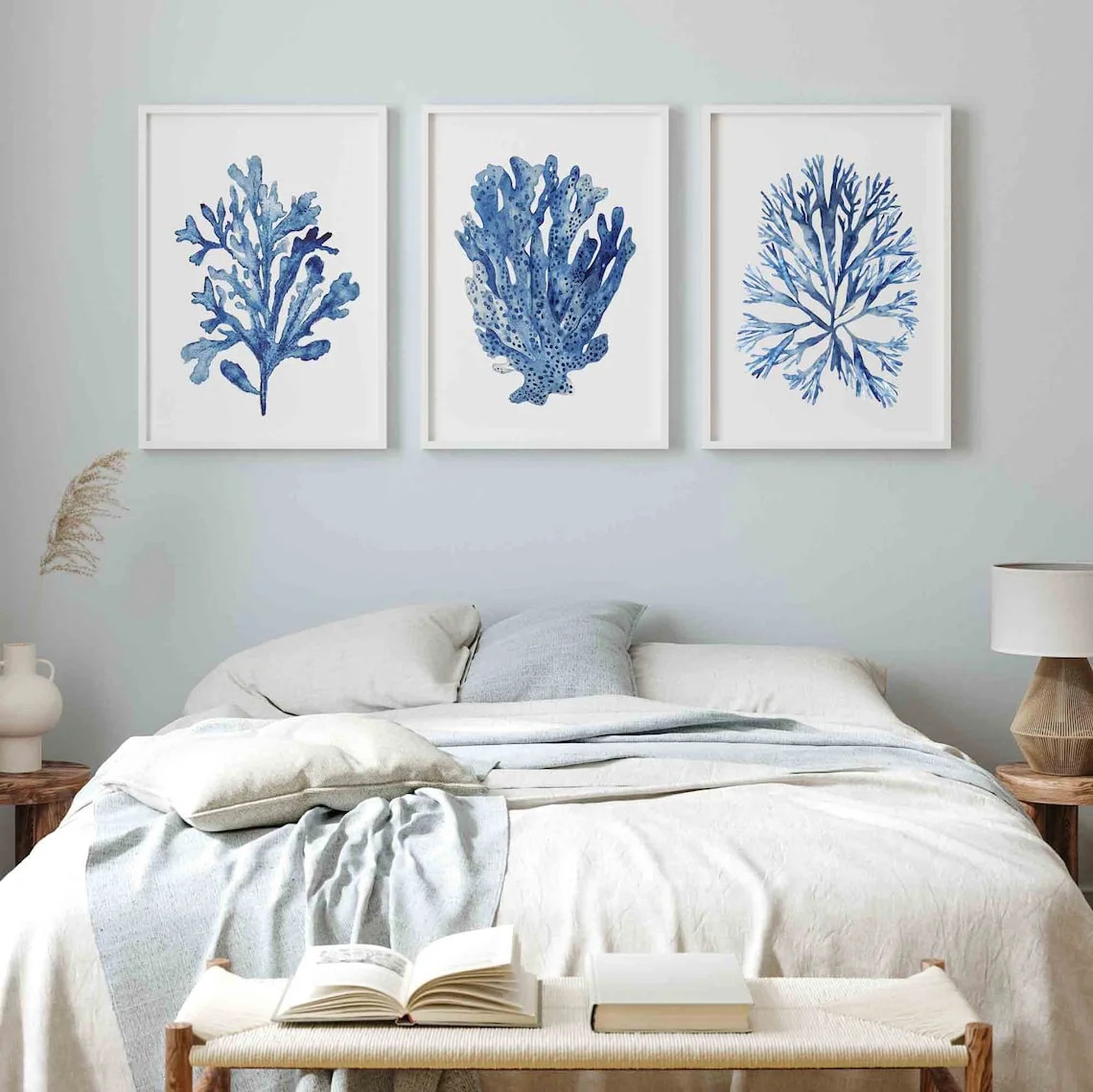 Nautical Wall Decor Coastal Wall Art Set Of 3 Prints Navy Blue Coral Seaweed Minimalist Watercolo... | Walmart (US)