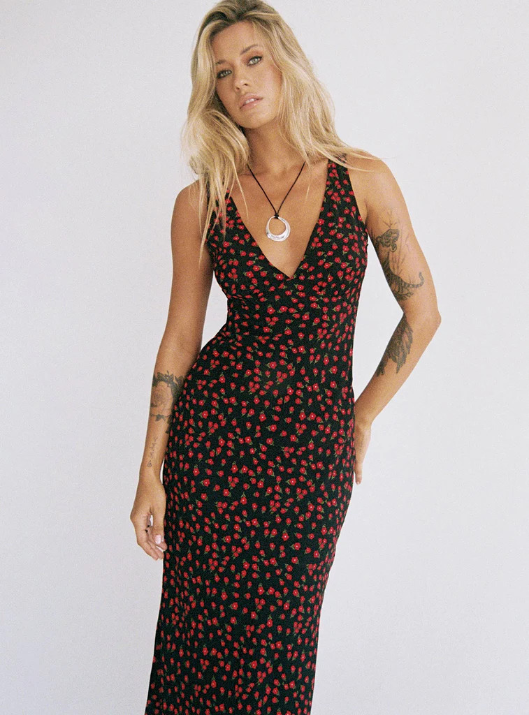 Nellie Maxi Dress Black/Red Floral | Princess Polly AU