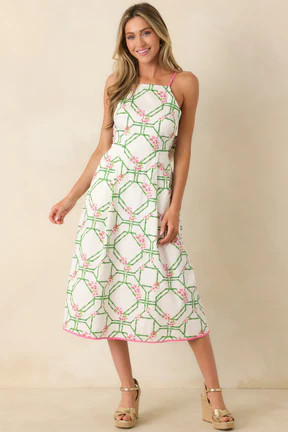 Prosperina Miriam White Multi Floral Trellis Cotton Midi Dress | Red Dress