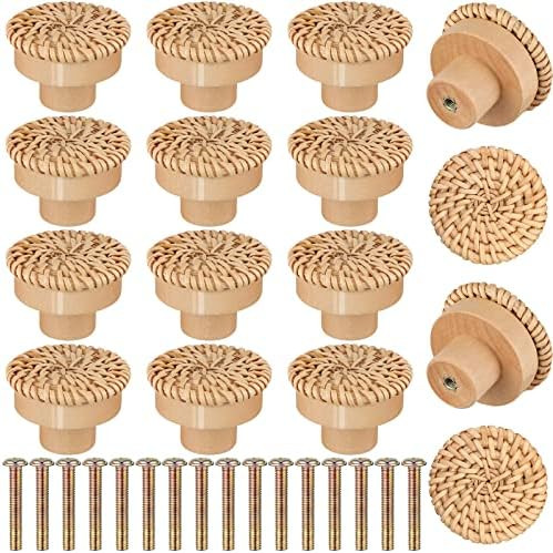 Boho Rattan Dresser Knobs Round Wooden Drawer Knobs Handmade Wicker Woven and Screws for Boho Furnit | Amazon (US)