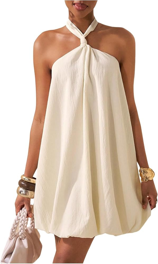 GORGLITTER Women's Bubble Dress Sexy Open Back Sleeveless Halter Neck Backless Ruffle Party Short... | Amazon (US)
