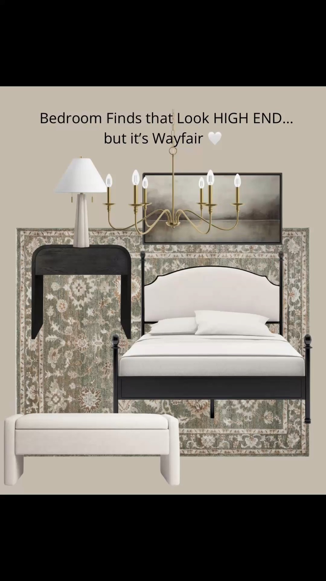 Wayfair High-End Bedroom Makeover | 1 Bed, 3 Ways ✨

I am completely obsessed with this bedroom design! 🕊️ If you love that high-end, luxury designer look but want to stay on a budget, this beautiful black iron post bed frame with the upholstered headboard from Wayfair is the ultimate hero piece. It looks so expensive but is incredibly affordable!I styled this exact bed THREE different ways so you can find the perfect vibe for your master bedroom refresh or guest room makeover. Swipe through to see all 3 design variations! 👇☁️ Look 1: Classic Traditional with warm gold accents, a dark oak nightstand, and a vintage-style green floral area rug.
☁️ Look 2: Modern Organic featuring a trendy texturized spiked ceramic table lamp and a gorgeous wavy scalloped neutral rug.
☁️ Look 3: Timeless Transitional styled with a chic white pleated fabric shade lamp, a shaded brass chandelier, and a channel-tufted storage bench.Everything fits a variety of home styles and is perfect for your next home remodel project. Click the links below to shop the exact bed frame, furniture pieces, rugs, and lighting for all three variations directly on my storefront! 🛒#wayfairfinds #wayfairathome #bedroomdecor #masterbedroom #neutraldecor #interiordesign #modernorganic #moodboard #bedroommakeover #homefinds #ltkunder500

#LTKHome #LTKHome #LTKSaleAlert #LTKSeasonal