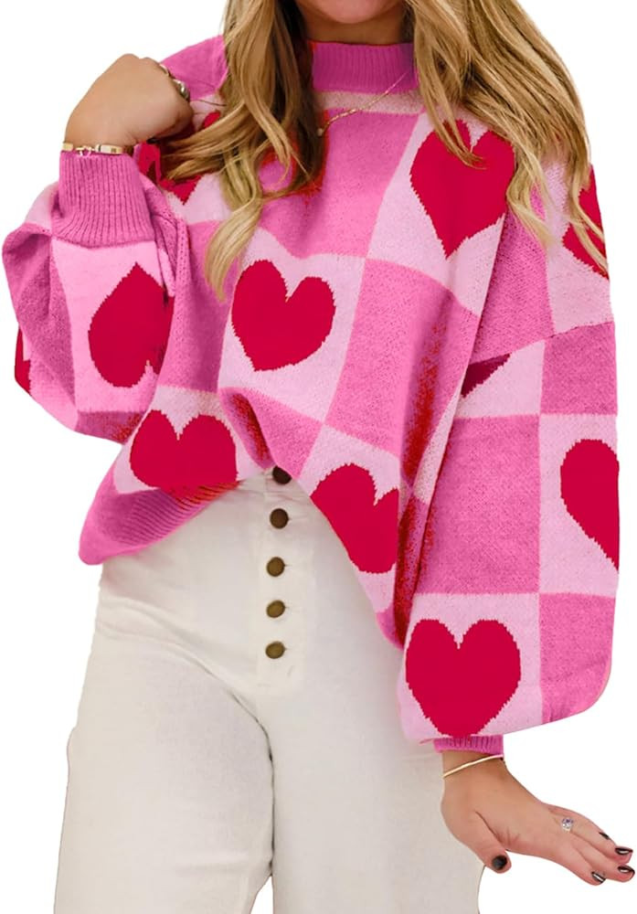 KevaMolly Womens Plus Size Valentines Sweater Lantern Sleeve Sweater Plaid Elegant Baggy Sweaters... | Amazon (US)