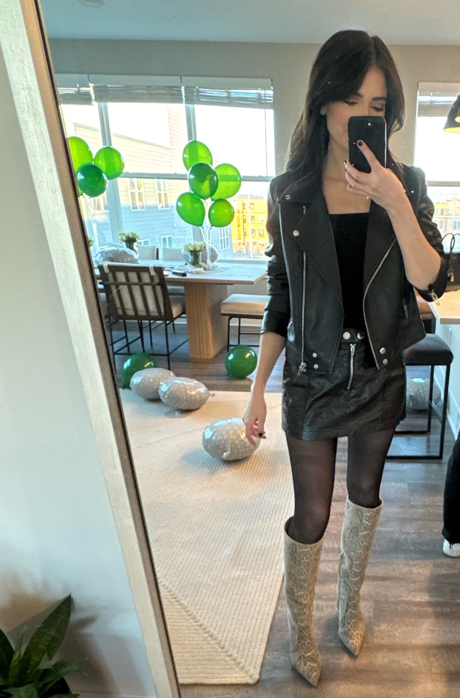 Blank nyc outfit for a night out in Nashville 🖤 

sheer tights, leather outfit, faux leather outfit, snake boot, knee high boots, date night outfit, Nashville outfit 

#LTKFindsUnder100 #LTKShoeCrush #LTKStyleTip