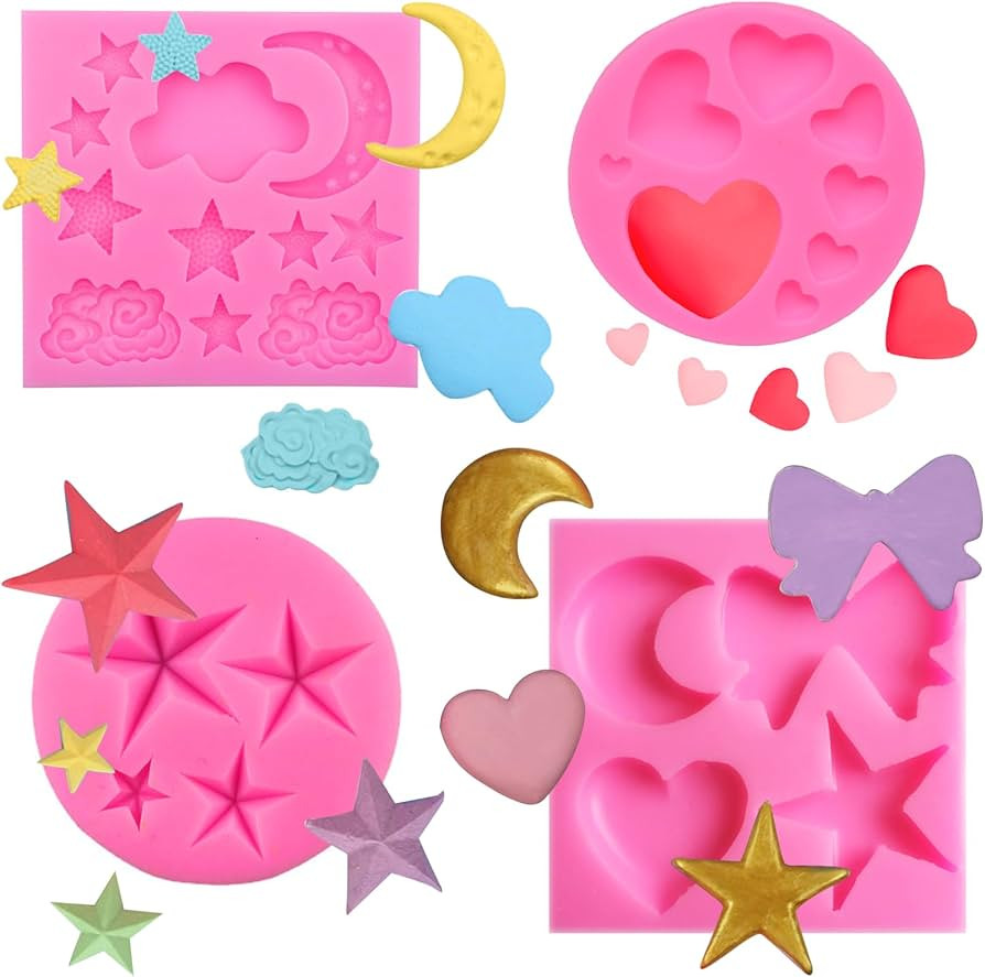 4 Pcs Star Moon Heart Silicone Fondant Molds for Chocolate, Candy, Cake Decorations, Clay and Res... | Amazon (US)