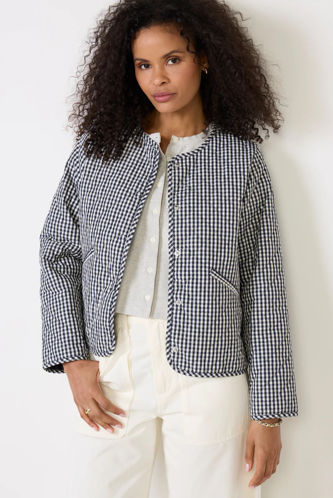 Cashel Check Collarless Quilted Jacket | Evereve