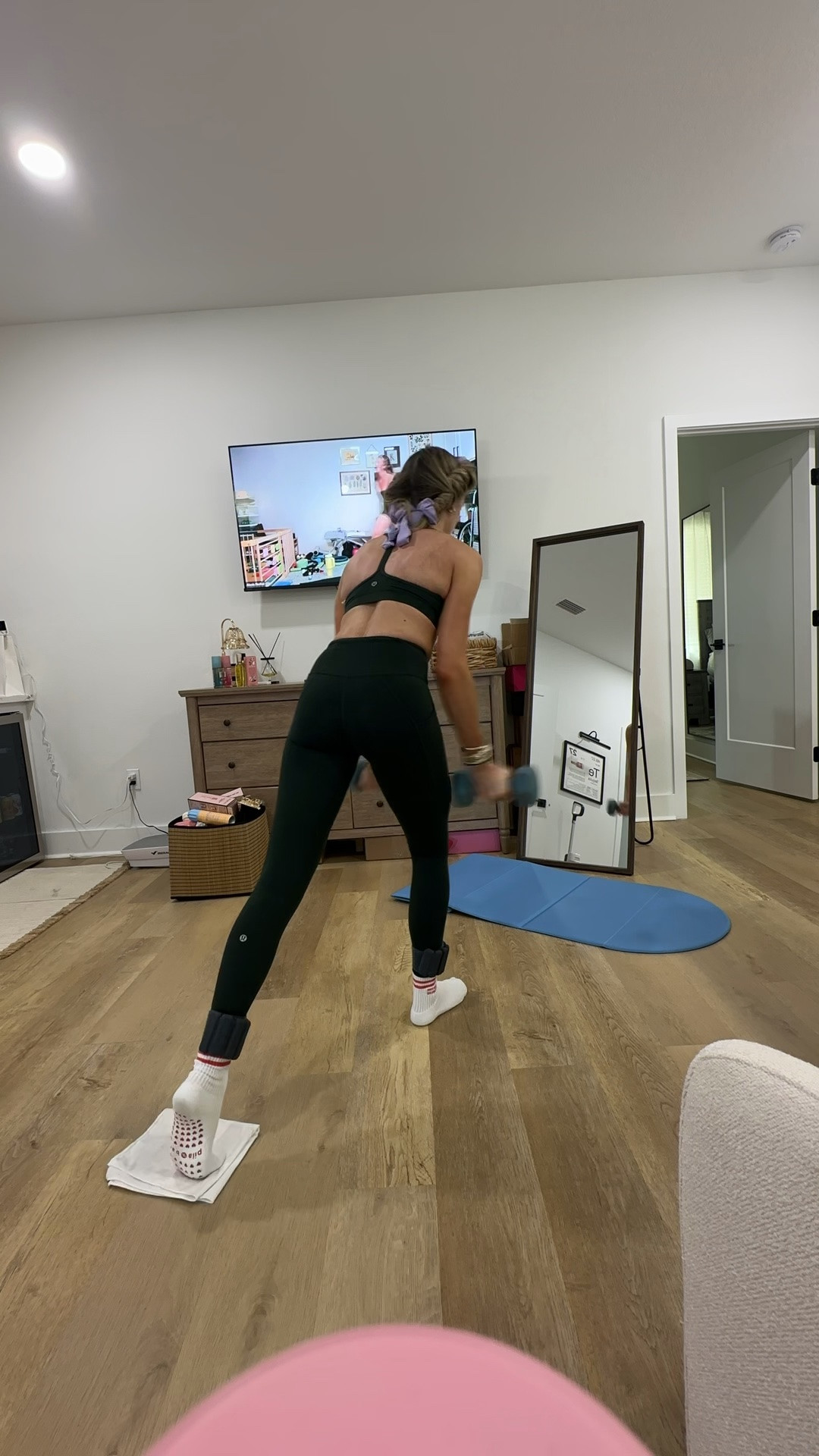 I am wearing a Lululemon workout set my sports bra is the Lululemon flow y bra nulu light supports A-C cups in size 2 in color rainforest green and my leggings are the wunder train high rise tight 25” pockets size 2 in rainforest green. My lululemon like new code is SLOANE10. 

My workout and workout gear for my daily workout. I take pilates classes from @lexfish on Instagram she has a whole online platform and membership! Most of my pilates gear and tools are from Bala. Bala use code SLOANE15. 
#workoutgear #workoutwear #pilates #ootd #outfit #athleticwear #athleticoutfit #bikershorts #sportsbra #pilatesoutfit #athleisure #bala #pilatesworkout #pilateslovers #pilatestiktok #balabangles @lululemon

#LTKfitnessgoals #LTKmorningroutine #LTKActive