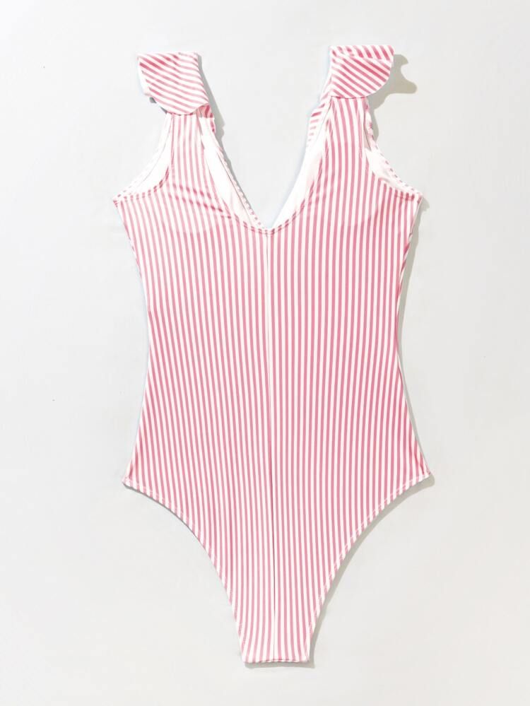 Striped Ruffle Hem One Piece Swimsuit | SHEIN