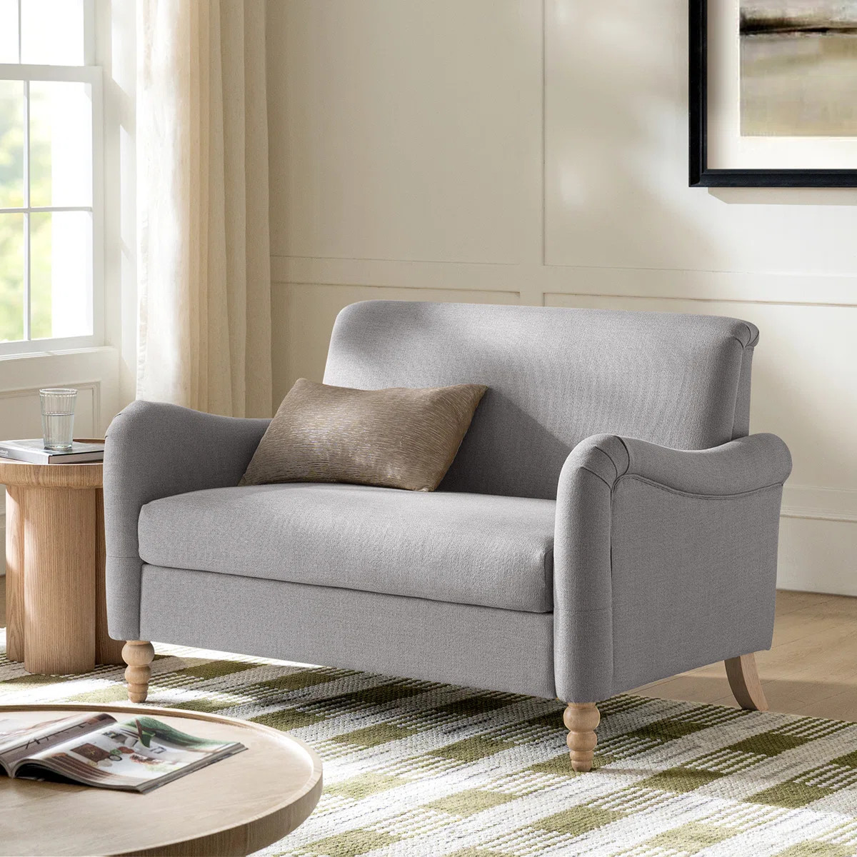 Terren 50.5"W Farmhouse Linen Upholstery Loveseat With Solid Wood Spindle Legs | Wayfair North America