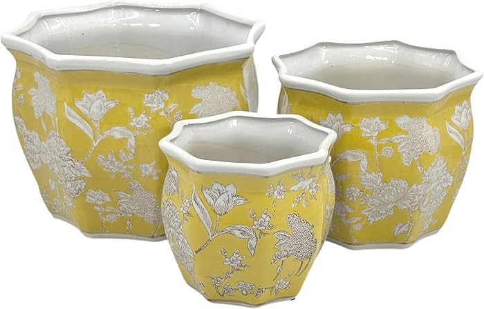 Galt International Yellow & White Round Fluted Floral Porcelain Ceramic Plant Flower Planter Pot ... | Amazon (US)