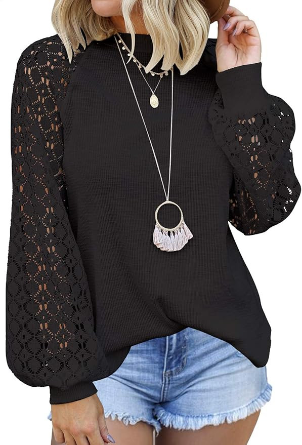 MIHOLL Women’s Long Sleeve Tops Lace Casual Loose Blouses T Shirts | Amazon (US)