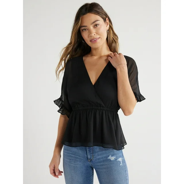 Sofia Jeans Women's Faux Wrap Peplum Top with Short Sleeves, Sizes XS-XXXL | Walmart (US)