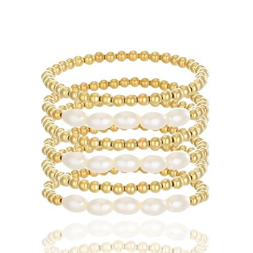 LKingel Gold Bracelet for Women 14K Gold Plated Stackable Bracelet Delicate Stackable Gold Bead Bracelet for Women(Baroque Pearl Beading) | Amazon (US)