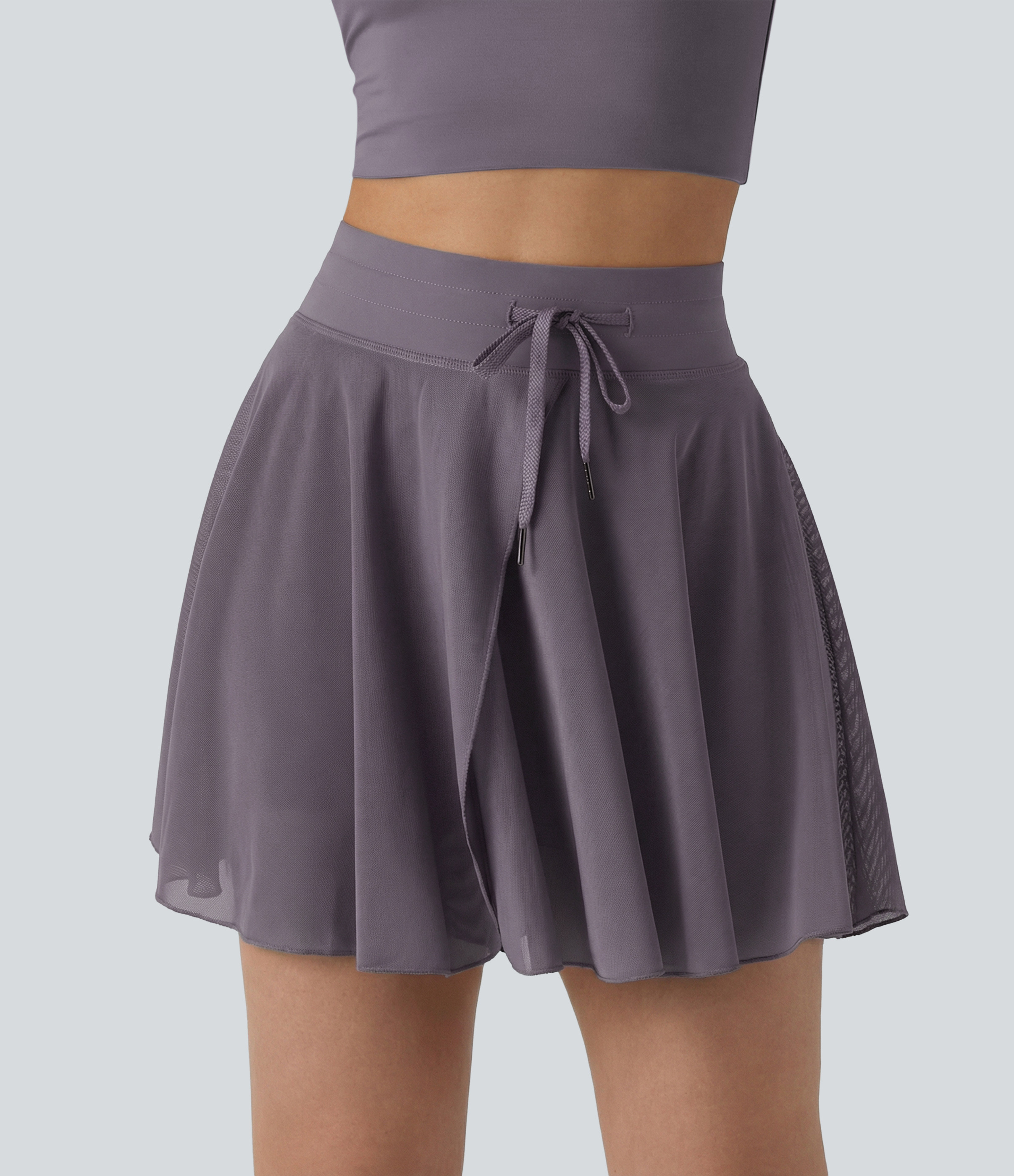Halara High Waisted Drawstring Contrast Mesh 2-in-1 Pocket Flowy Mini Flare Casual Skirt-Longer Length  - Stardust Mauve - S(regular) | HALARA