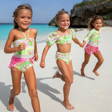Palm Beach Leopard Girls Halter One Piece & Fringe Skirt Swim Set 4t-14 | Shade Critters