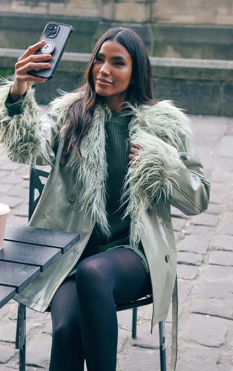 Sage Faux Fur Trim Vinyl Trench Coat | PrettyLittleThing US