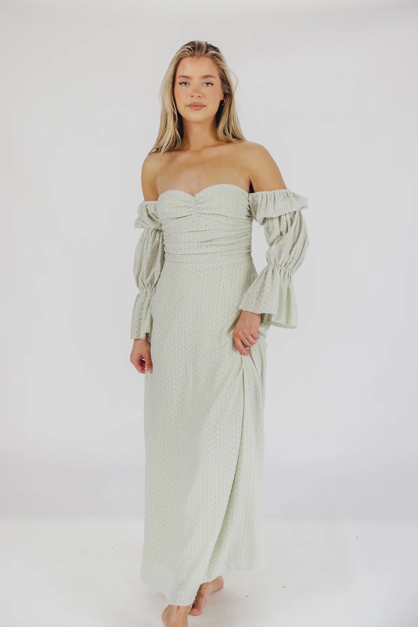 Corrine Off Shoulder Maxi Dress in Mint - Extended Sizes- Bump Friendl | Worth Collective