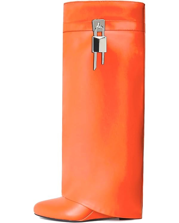 keleimusi Fold Over Wedge Boots Heeled PadLock Pant Knee High Shoes Tall/Short Booties in Black | Amazon (US)