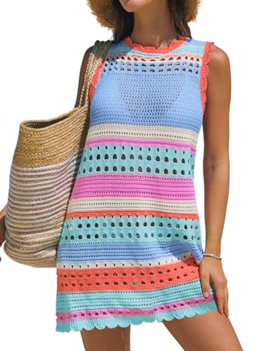popvil Women’s Swimsuit Crochet Swim Cover Up 2026 Sleeveless Loose Bathing Suit Swimwear Mesh ... | Amazon (US)