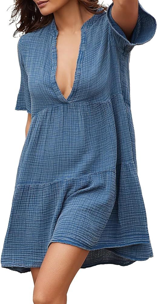 Gacaky Summer Dress for Women Casual Short Sleeve Deep V Neck Sundress Flowy Loose Beach Mini Dre... | Amazon (US)