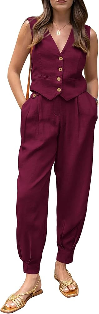 PRETTYGARDEN Womens 2 Piece Outfits Cotton Sets Deep V Neck Button Front Cropped Tank Tops Vest P... | Amazon (US)