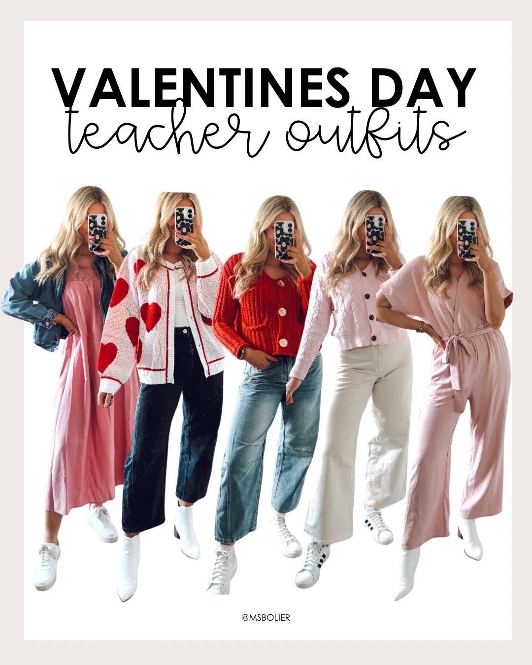 Valentine’s Day teacher outfit ideas! 

| red sweater | pink sweater | pink dress | pink jumpsuit | jeans | sneakers | teacher fashion 

#LTKWorkwear