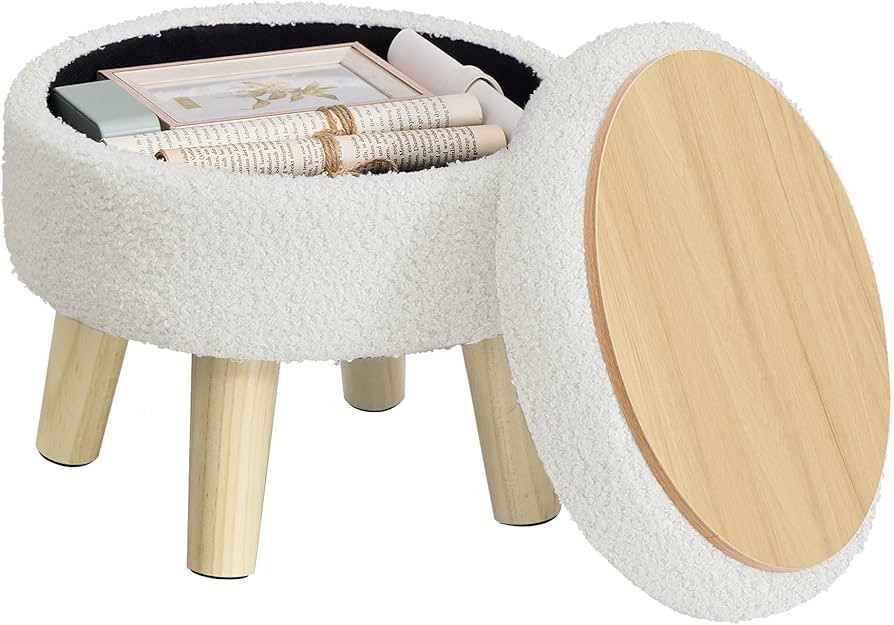 SONGMICS Storage Ottoman, Foot Stool, Round Ottoman with Padded Seat, Foot Rest with Wood Legs, S... | Amazon (US)