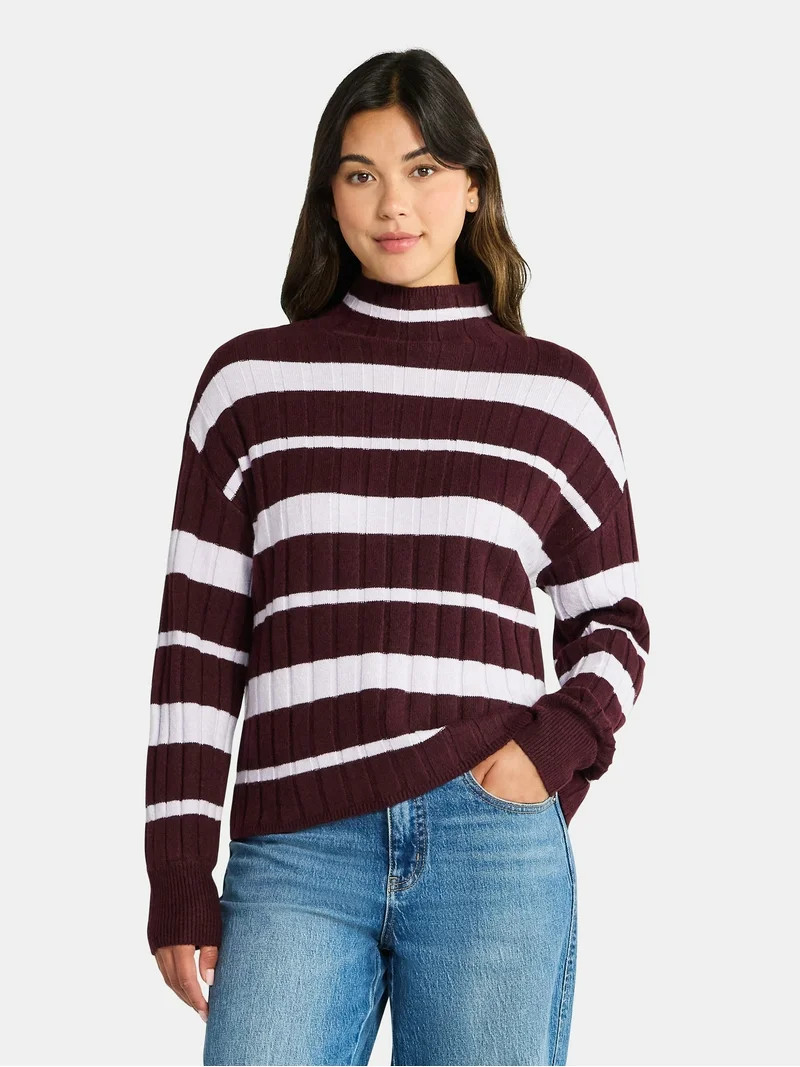 Time and Tru Women's Ribbed Mock Neck Sweater, Lightweight, Sizes XS-XXXL | Walmart (US)