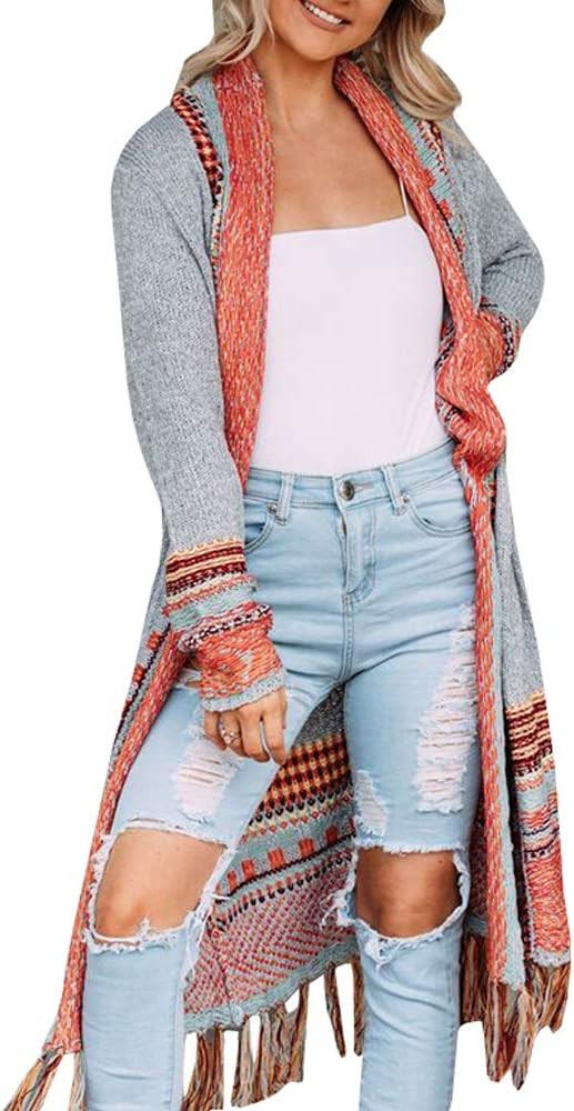 Misassy Womens Boho Open Front Long Cardigans Sweater Loose Long Sleeve Embroidery Tassels Kimono... | Amazon (US)