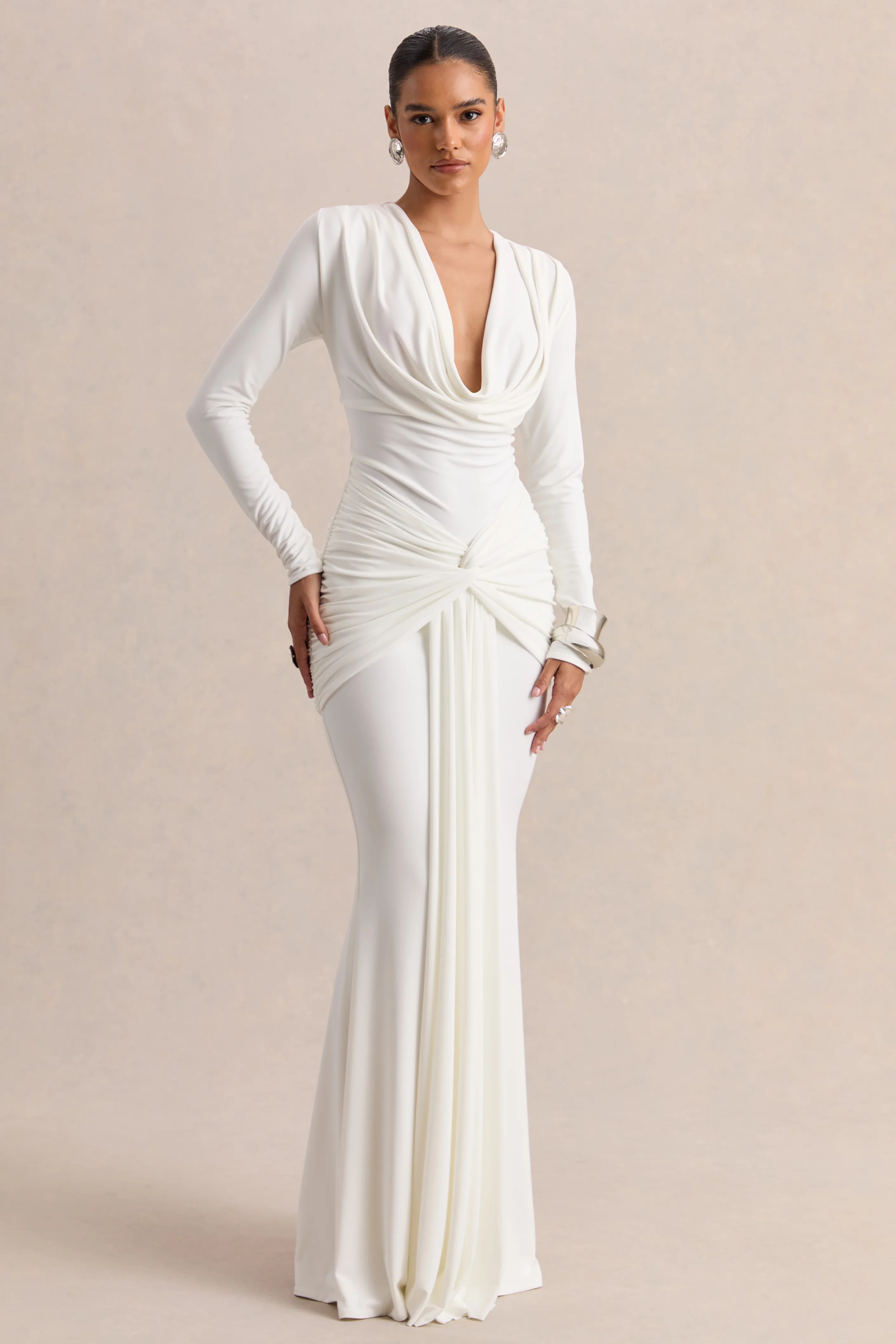Palerma | White Draped Cowl-Neck Maxi-Dress With Gathered-Detailing | Club L London