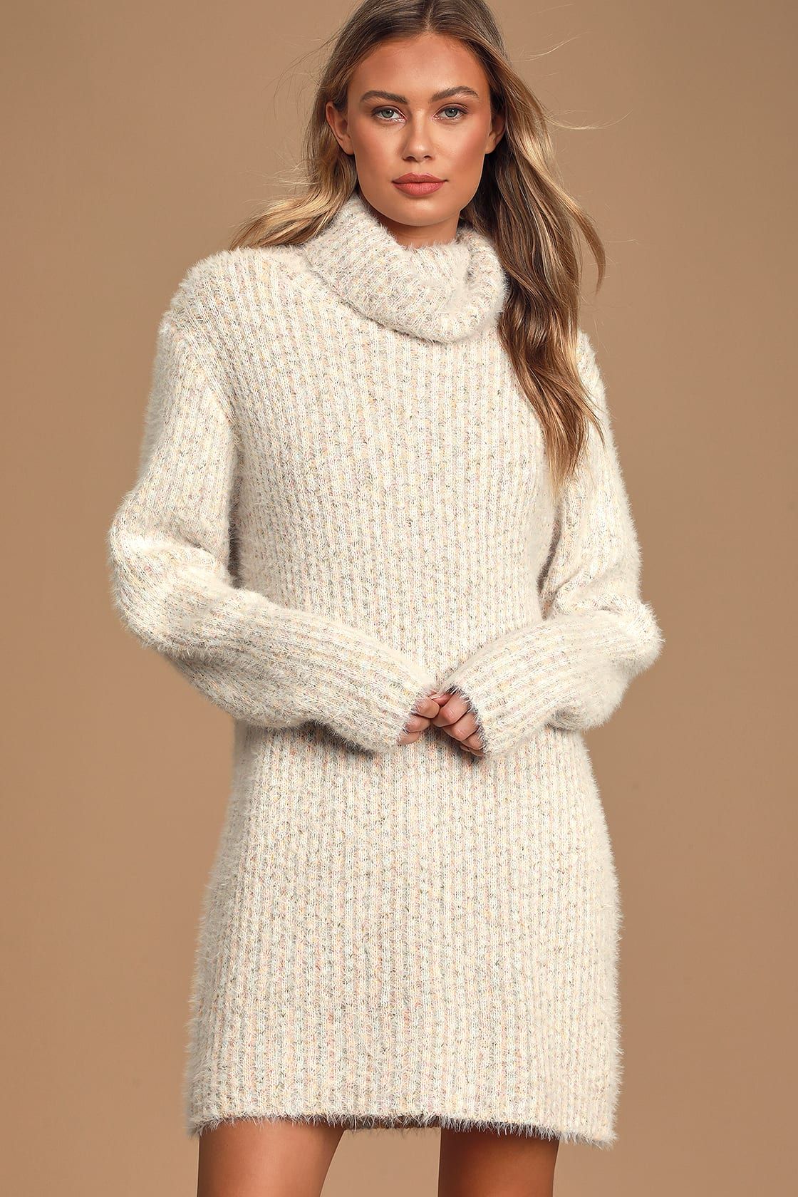 Sweet Whispers Ivory Multi Eyelash Knit Turtleneck Sweater Dress | Lulus (US)